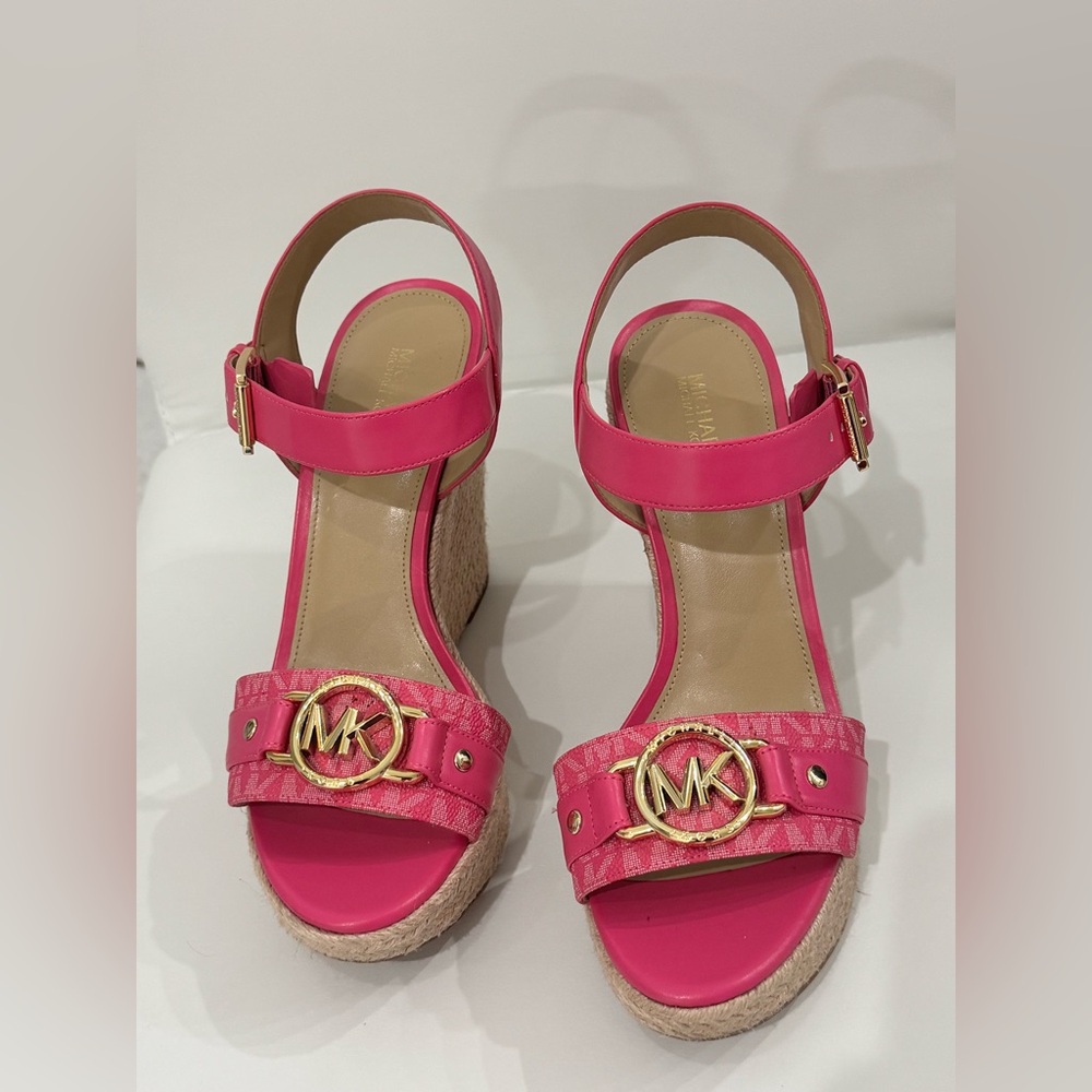 Michael Kors Hot Pink MK Logo Espadrille Wedge Sandals